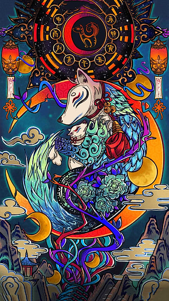 Elegant kitsune design, Enchanting mythical spirits, Captivating artwork, Japanese folklore HD phone wallpaper