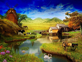 landscape, dogs, natur, cows HD wallpaper
