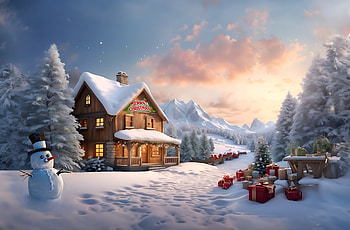Christmas cabin with christmas decorations, Christmas, winter, snow, AI Art HD wallpaper
