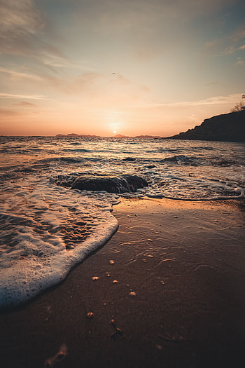 Nature, Sunset, Sea, Waves, Beach, Rocks HD phone wallpaper