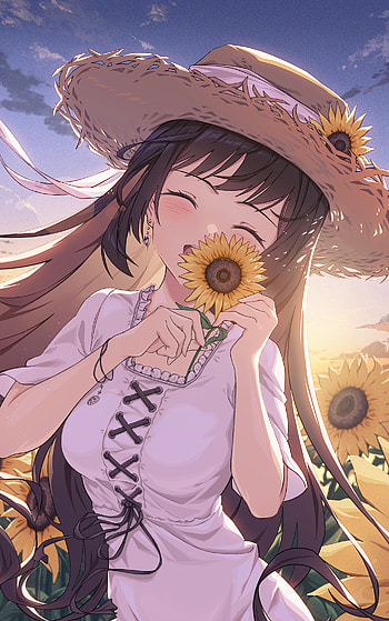 Serene Sunflower: Anime Girl in Straw Hat ( ), mood, hat, Anime, girl, anime girl HD phone wallpaper
