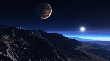 Preview exoplanet atmosphere, clouds, stars, moon, mist, mountains, rocks HD wallpaper