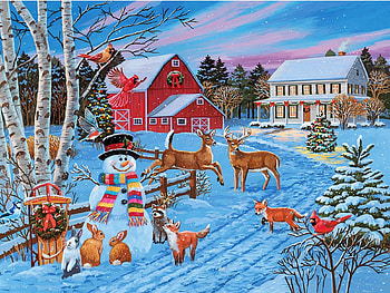 Festive Evening On The Farm, foxes, winter, birds, barn, rabbits, house, tree, snowman, painting, deer, christmas, snow HD wallpaper