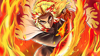 Yellow Eyes Kyojuro Rengoku Fire Background Demon Slayer Kimetsu no Yaiba HD wallpaper