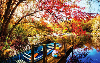 Morning Thoughts, boat, river, fall, pier, trees, colors, child HD wallpaper