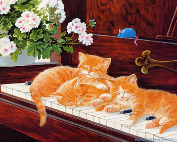 Cats on the Piano, kitten, paint, sleep, red HD wallpaper