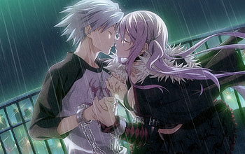 Shiina and Joe, night, city lights, joe, awesome, houses, long hair, twintails, short hair, couple, rain, art, city, ribbon, shiina, disorder 6, pink hair, anime girl, anime, light, white hair, cool, kiss, handcuffs, anime boy HD wallpaper