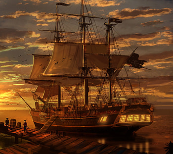 Pirate Ship, Fantasy, Ship, Pier, Dock, Sunset, Palm Tree, Pirate HD wallpaper
