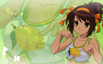 The Melancholy of Haruhi Suzumiya, lemon shirt, tank top, white shirt, suzumiya, haruhi suzumiya, lemon, sos brigade, brown hair, haruhi HD wallpaper