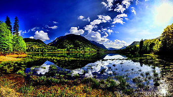 Mountain Reflected in the Lake, reflection, clouds, trees, sky, nature, forest, lake, mountain HD wallpaper