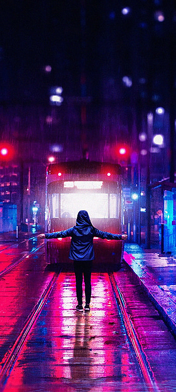 Neon cityscape, Night rain, Urban tram, Street hoodie HD phone wallpaper