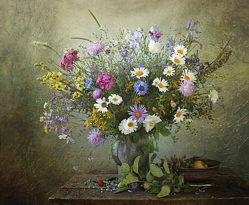 Fresh wildflowers, Summer, Still life, Fruits, Bouquet HD wallpaper