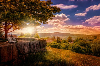 Peaceful Place, sunshine, bench, landscape, leaves, benches, clouds, nature, sky, mountains, splendor, sun, sunset HD wallpaper