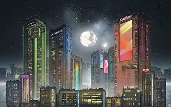 Cyber Cityscape Under A Big Moon, scifi, cyberpunk, cityscape, moon, artist, artwork, digital-art, artstation HD wallpaper