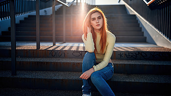 Girl Casual Sitting Stairs Sunbeams , girls, model HD wallpaper