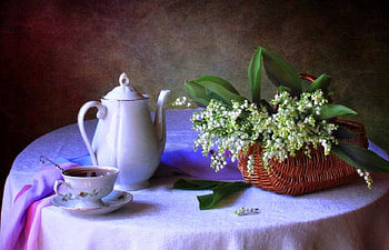 Time for tea, tea, lily of the valley, other, cup, beauty, basket, abstract, time, nature, flowers, teapot HD wallpaper