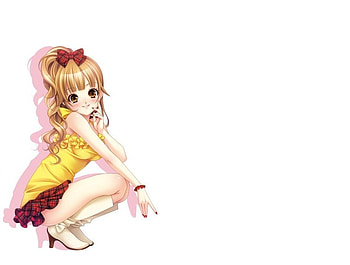 Sweet, sexy, white, ribbon, hot, cute, girl, long hair, sit, dress, anime girl, sitting, anime, brow eye, brown hair, female HD wallpaper
