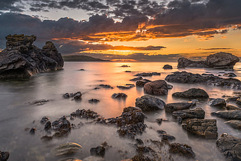 Nature, Sunset, Stones, Clouds, Horizon, Bay HD wallpaper
