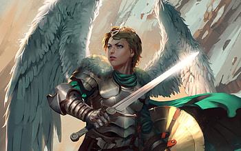 Angel, wings, sword, art, girl, armor, fantasy, luminos, warrior HD wallpaper