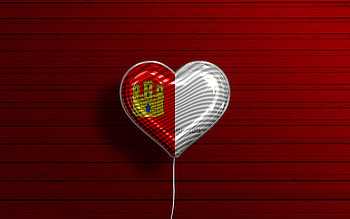 I Love Castilla La Mancha, , realistic balloons, red wooden background, Day of Castilla La Mancha, Communities of Spain, flag of Castilla La Mancha, Spain, balloon with flag, spanish communities, Castilla La Mancha flag, Castilla La Mancha HD wallpaper