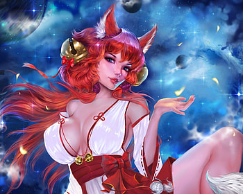 Cysh, ears, girl, tigrsasha, fox, orange, blue, frumusete, tigr sasha, fantasy, luminos HD wallpaper