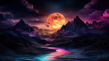 Starlit Shores Of The Forgotten Realm, artist, artwork, art, digital-art, ai, neon, eclipse, moonrise, deviantart HD wallpaper