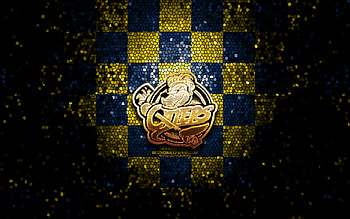 Erie Otters, glitter logo, OHL, yellow blue checkered background, hockey, canadian hockey team, Erie Otters logo, mosaic art, Canada HD wallpaper