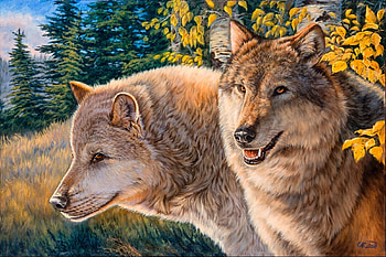 Alpha Pair, artwork, predators, painting, wolves, trees, nature, forest HD wallpaper