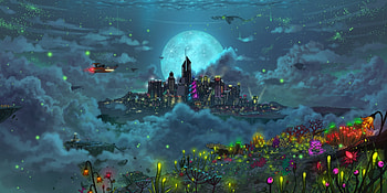Cloudy sea, momo c puddle, summer, moon, fantasy, flower, luna, fish, luminos HD wallpaper
