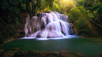 Huay Mae Khamin Waterfall, The River Kwai, Thailand, cascades, trees, rocks, forest, pond HD wallpaper