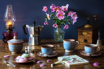 Still life, Coffee, Bouquet, Lamp, Flowers, Style HD wallpaper
