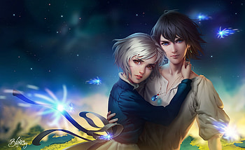 Howl ~ Sophie, silver hair, lover, cute, sophie, nice, short hair, couple, adorable, male, female, handsome, grey hair, sweet, howl, howls moving castle, girl, romance, gray hair, black hair, kawaii, anime girl, boy, anime, pretty, hug, love, anime couple, lovely, guy HD wallpaper