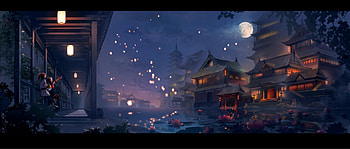Lanterns, night, moon, fantasy, luna, world, lantern, hax wang HD wallpaper