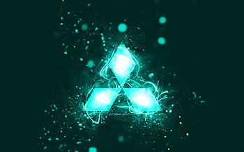 Mitsubishi turquoise logo, , turquoise neon lights, creative, turquoise abstract background, Mitsubishi logo, cars brands, Mitsubishi HD wallpaper
