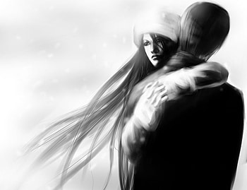It's Snowing Again, winter, graphy, beauty, nice, snowflakes, snow, black and white, female, man, cold, girl, romance, beautiful, woman, pretty, hug, love, face, nature, romantic, lovely, she, hair HD wallpaper