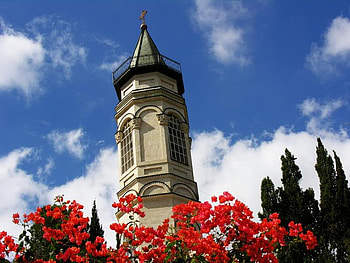 Ein Kerem, Jerusalem, trees, sky, flowers, tower HD wallpaper
