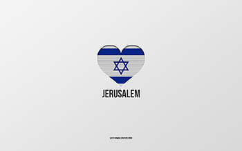 I Love Jerusalem, Israeli cities, Day of Jerusalem, gray background, Jerusalem, Israel, Israeli flag heart, favorite cities, Love Jerusalem HD wallpaper