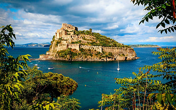 Aragonese castle, island, beautiful, Italy, lake, sailboats, clouds, trees, view, sky, castle HD wallpaper