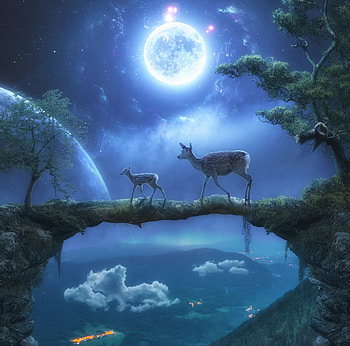 Moonlight, anttoni salminen, blue, fantasy, moon, deer, luna, up, caprioara HD wallpaper