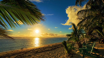 Island of Rarotonga, Cook Islands, pacific, tropical, clouds, sky, sun, ocean, palm trees, sunset HD wallpaper