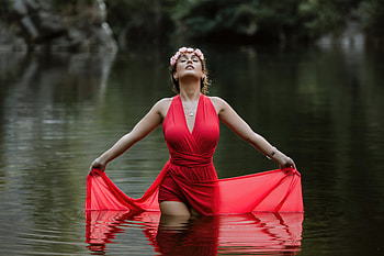 Girl In Red Dress Beauty By The Lake, red-dress, girls, model HD wallpaper