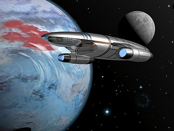 orbiting spaceship, stars, planet, moon, orbiting HD wallpaper