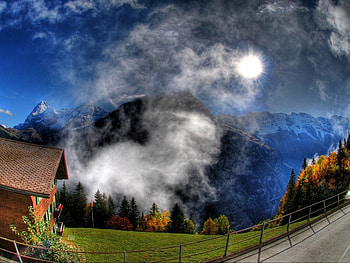 the mountain scenery, house, foggy, clouds, road, nature, mountains, wrapped HD wallpaper