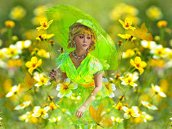 Delicate Green 2, vivid, green, yellow, bright, bold, girl, flowers, colorful, vibrant, butterflies HD wallpaper