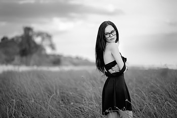 Girl In Black Dress Monochrome, girls, model, field, monochrome, black-and-white, black-dress HD wallpaper