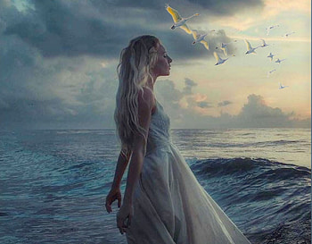 Into The Water, sea, etheral women, breathtaking, gorgeous, girl, beautiful, women are special, Ethereal Into The Water, pretty, female trendsetters, lips nails eyes hair art, water, gown, lovely, geese, stunning HD wallpaper