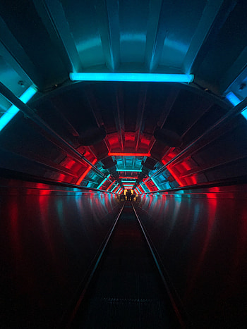 Dark, Neon, Tunnel, Escalator HD phone wallpaper