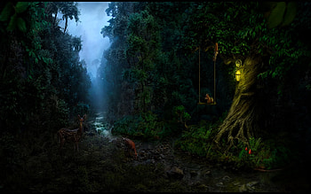 MYSTIC FOREST, fog, lamp, deers, swing, forest, squirrel, stream HD wallpaper