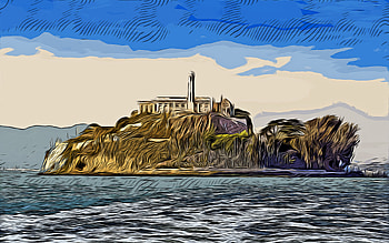 Alcatraz, , vector art, american landmarks, Alcatraz Federal Penitentiary, Alcatraz drawing, The Rock, federal prison, USA, California, America HD wallpaper