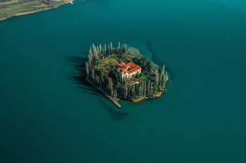 Nature, Trees, View From Above, Lake, Small House, Lodge, Island HD wallpaper